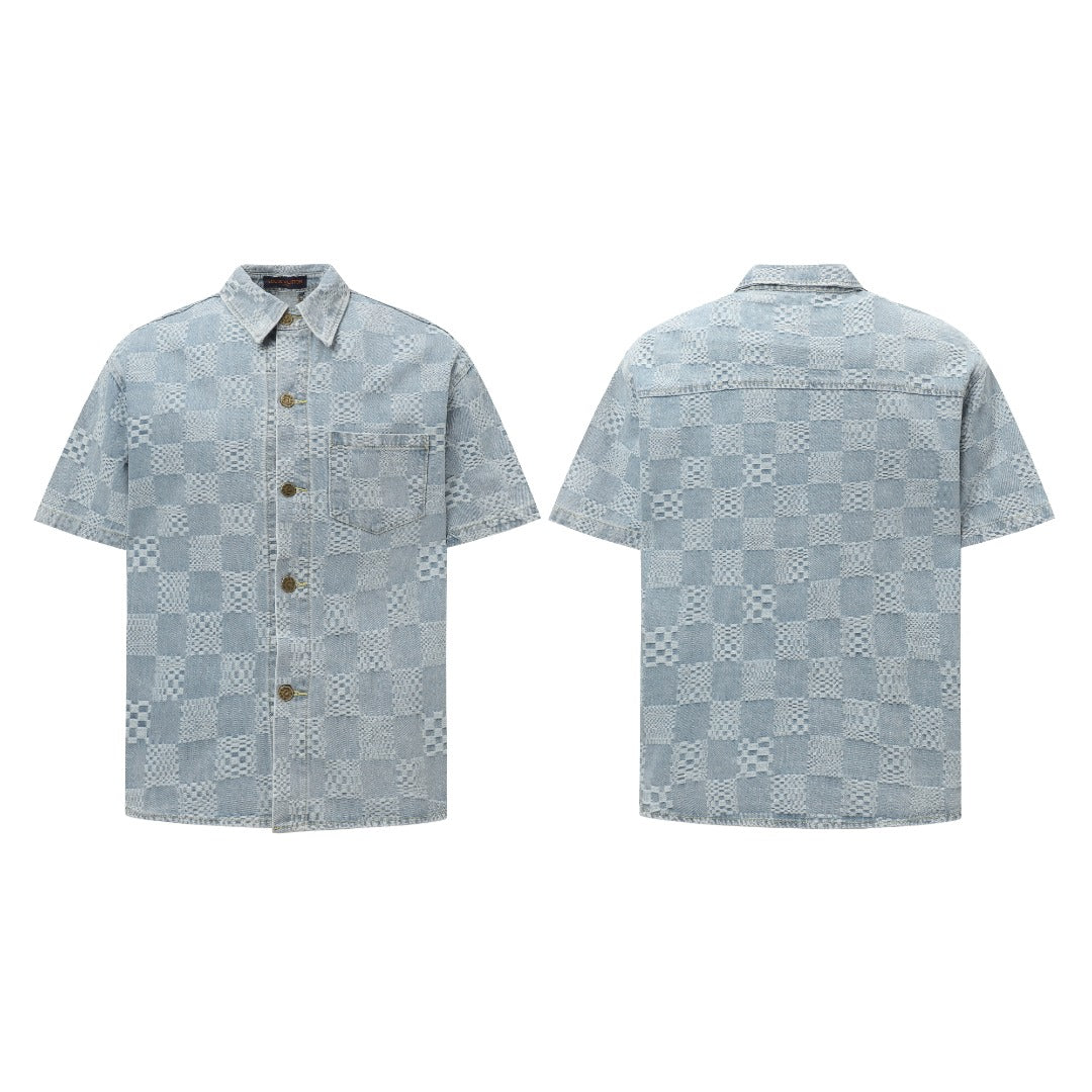 250520 New limited edition checkered patchwork washed blue denim short-sleeved shirt