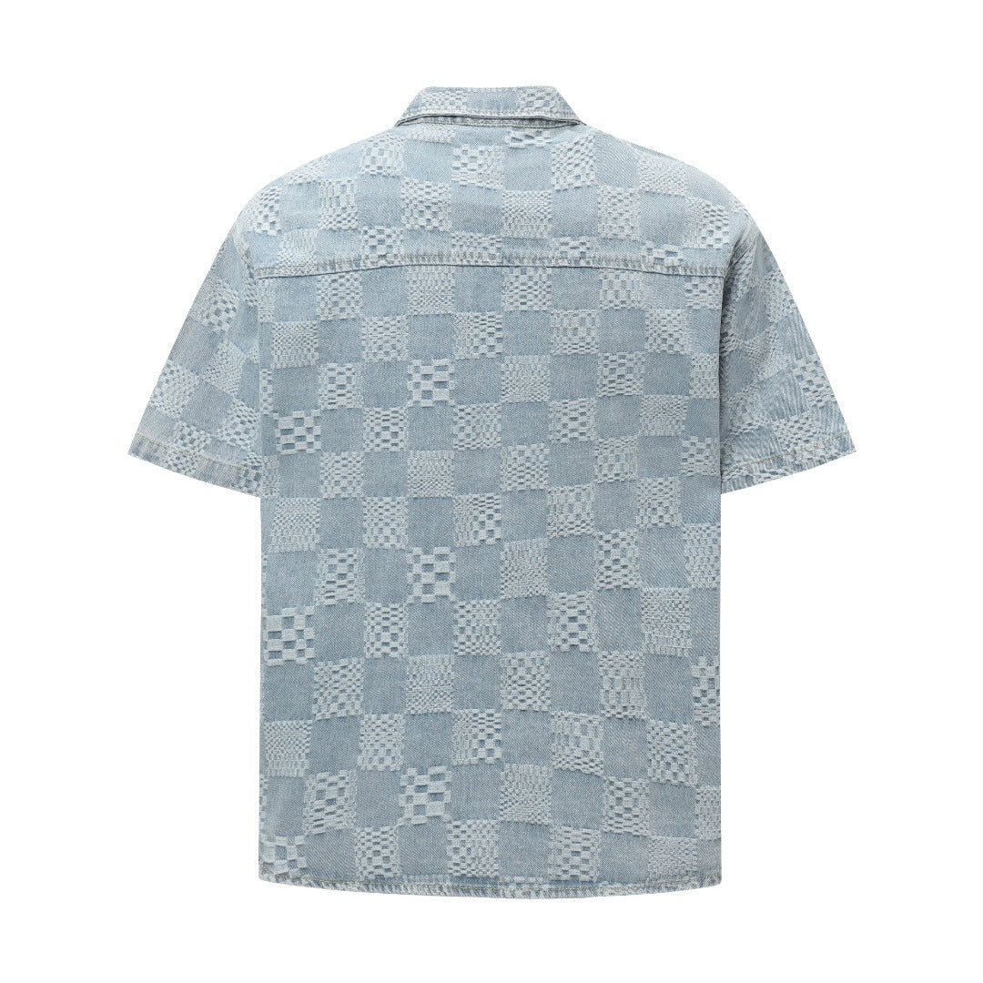 250520 New limited edition checkered patchwork washed blue denim short-sleeved shirt