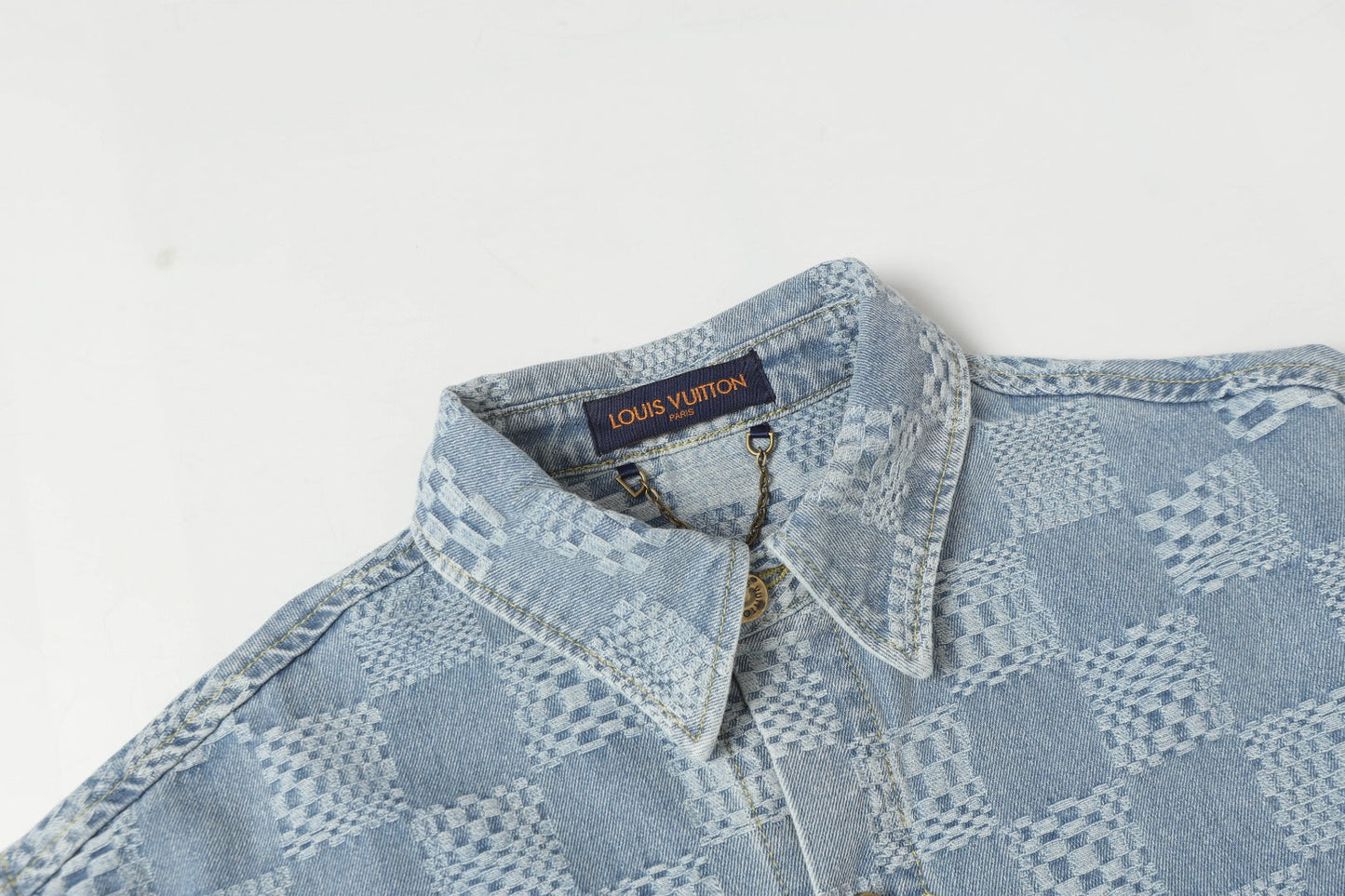 250520 New limited edition checkered patchwork washed blue denim short-sleeved shirt