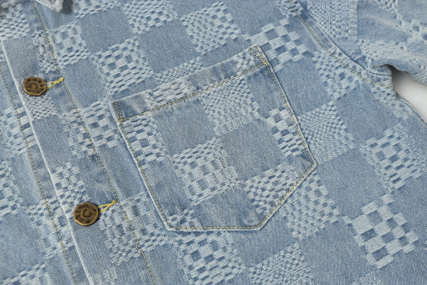 250520 New limited edition checkered patchwork washed blue denim short-sleeved shirt