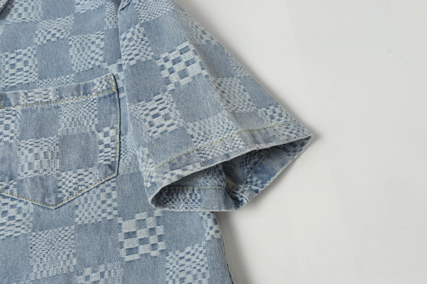 250520 New limited edition checkered patchwork washed blue denim short-sleeved shirt
